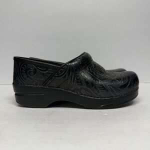 Dansko Professional Black Embossed Floral Leather Clogs 37W Wide Size 7